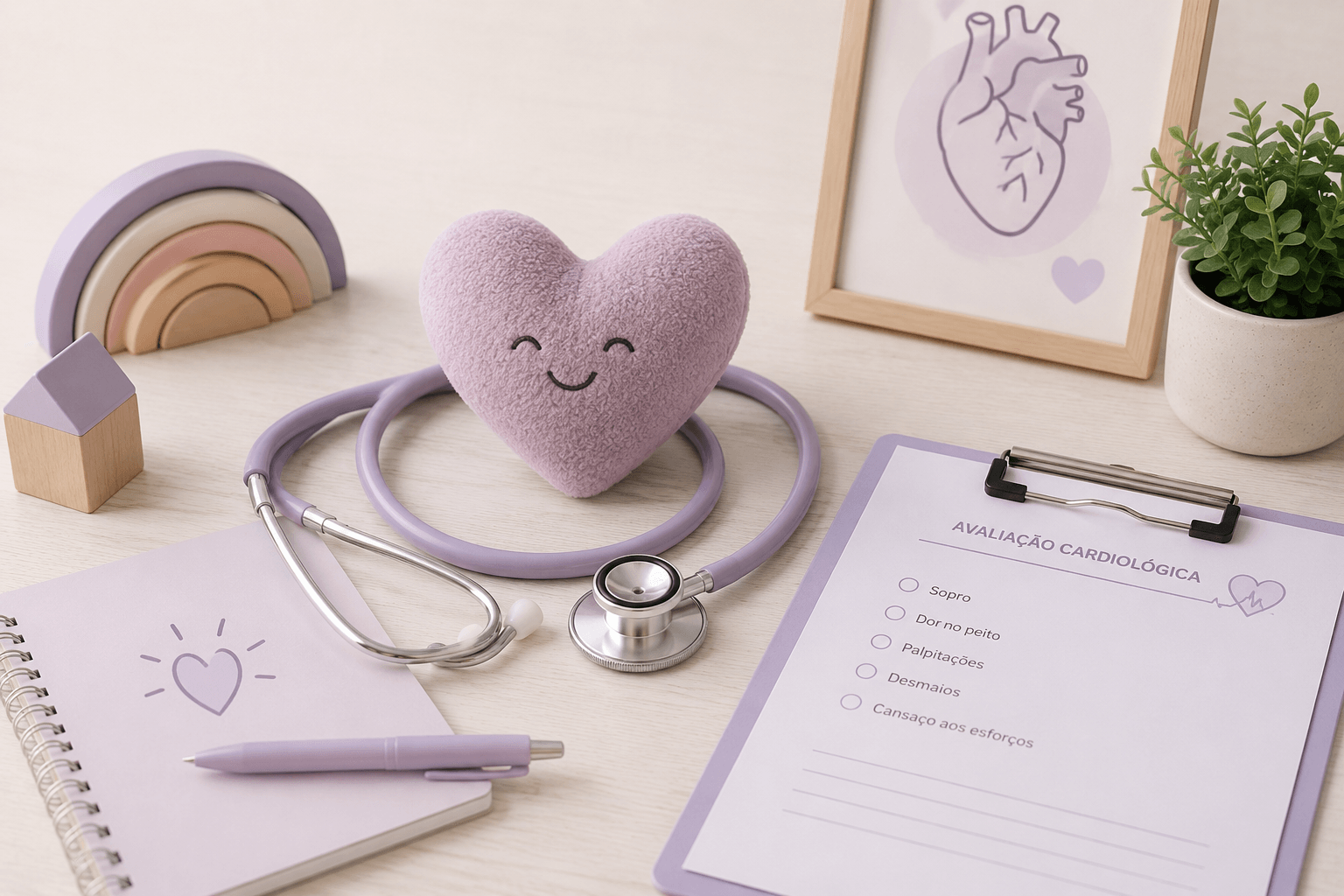 Ficha de avaliação cardiológica sobre a mesa, com os itens sopro, dor no peito, palpitações, desmaios e cansaço aos esforços, ao lado de um estetoscópio e de um coração de pelúcia.