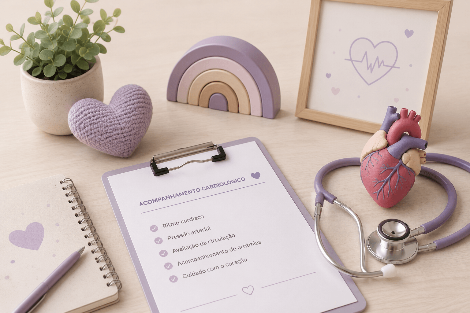Ficha de acompanhamento cardiológico sobre a mesa, com os itens ritmo cardíaco, pressão arterial e avaliação da circulação, ao lado de um estetoscópio e de um modelo anatômico do coração.